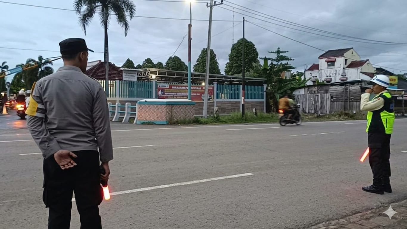 Bantu menyebrang jalan raya dilakukan oleh anggota Polsek Perak dipagi hari
