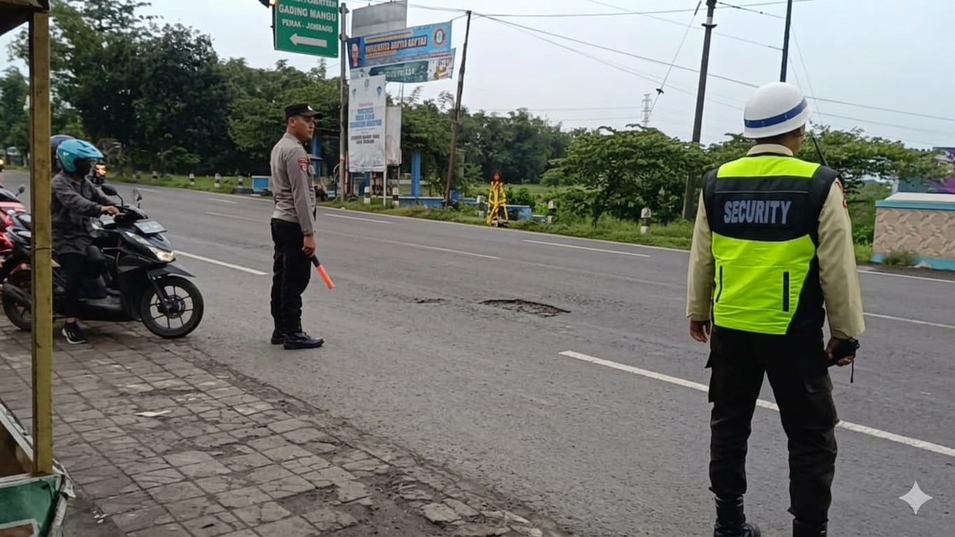 Bantu kelancaran arus lalu lintas di pagi hari dilakukan oleh anggota Polsek Perak dipertigaan pasar jeruk perak